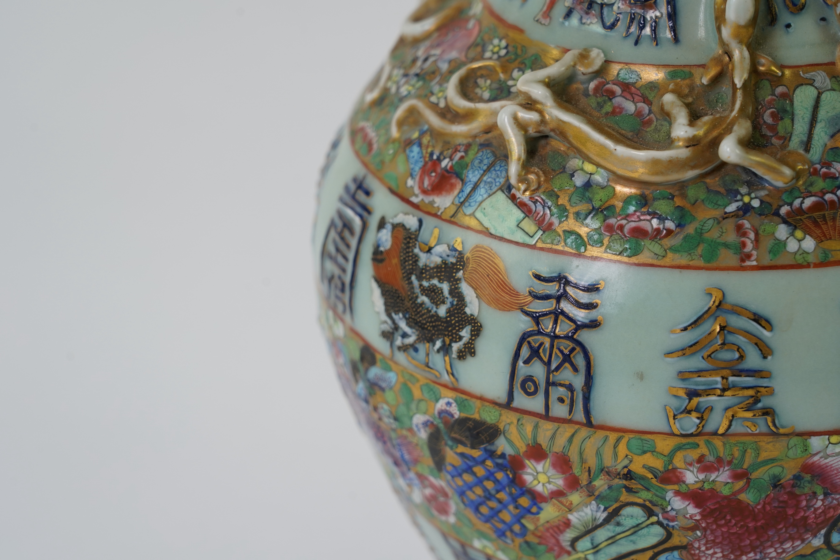 A Chinese celadon ground famille rose ‘Hundred Shou’ vase, 19th century
